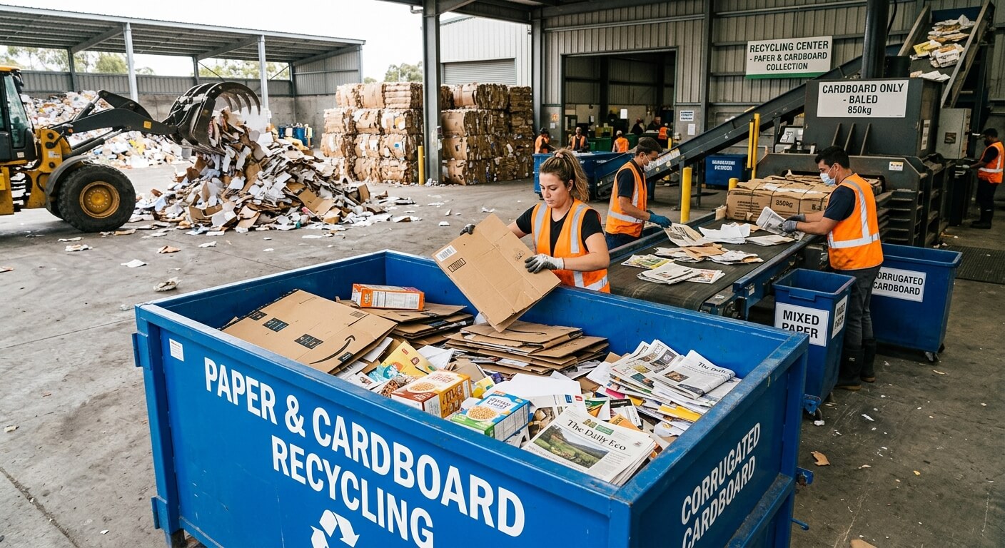 Baled cardboard and mixed paper ready for commercial recycling collection by Zero Waste Services Sydney